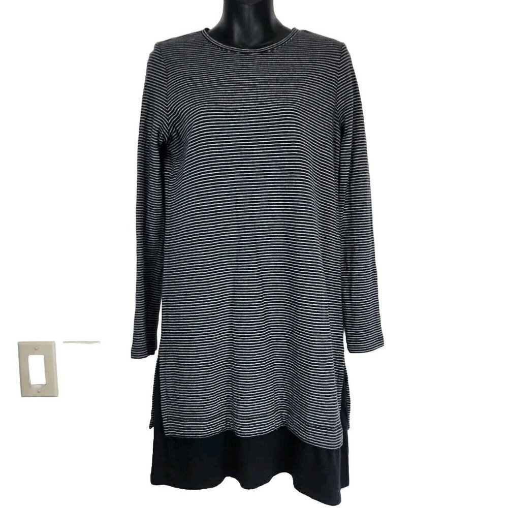 J. Jill A-Line Shift Dress Small Black White Stripe Crew Neck Long Sleeve Jersey